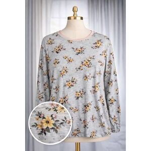 Croft & Barrow Classic Tee Top 100% Cotton Cream Neutral Floral Long Slv Size 3x